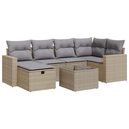 7-tlg. Garten-Sofagarnitur mit Kissen Beige Poly Rattan