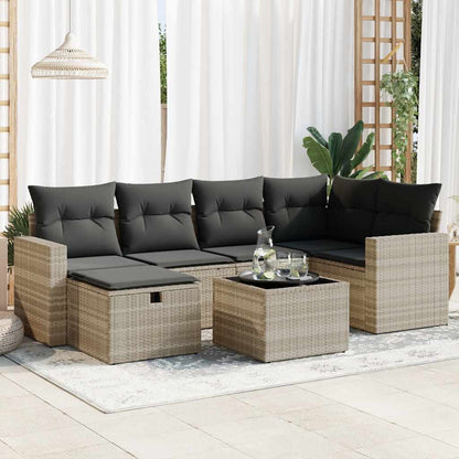 7-tlg. Garten-Sofagarnitur mit Kissen Hellgrau Poly Rattan