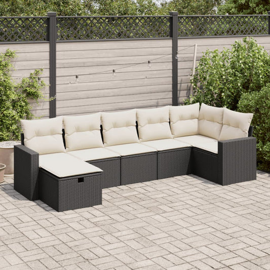 7-tlg. Garten-Sofagarnitur mit Kissen Schwarz Poly Rattan