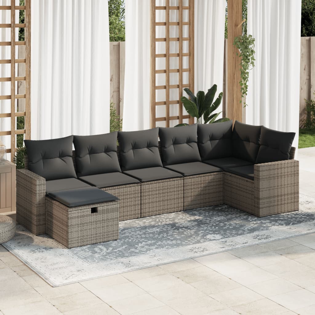 7-tlg. Garten-Sofagarnitur mit Kissen Grau Poly Rattan