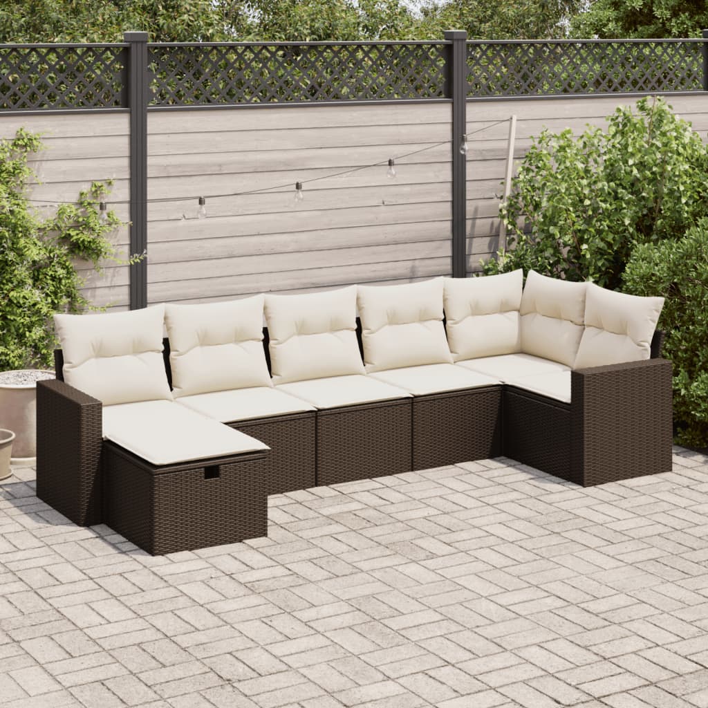 7-tlg. Garten-Sofagarnitur mit Kissen Braun Poly Rattan