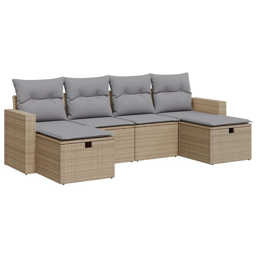 6-tlg. Garten-Sofagarnitur mit Kissen Beige Poly Rattan