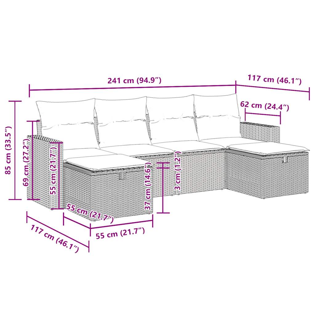 6-tlg. Garten-Sofagarnitur mit Kissen Beige Poly Rattan