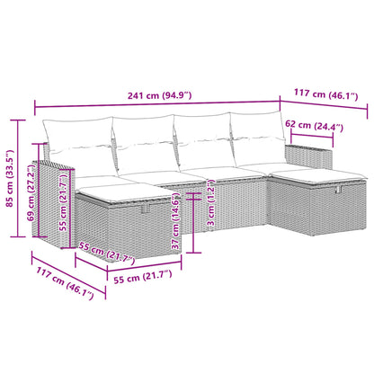 6-tlg. Garten-Sofagarnitur mit Kissen Grau Poly Rattan