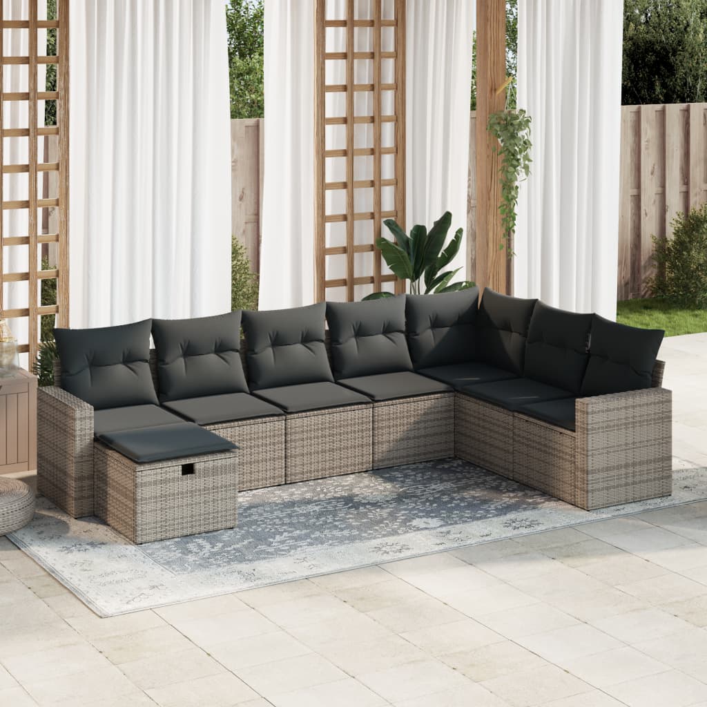 8-tlg. Garten-Sofagarnitur mit Kissen Grau Poly Rattan