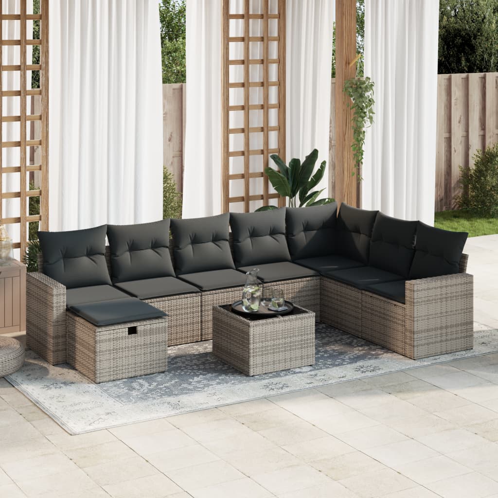 9-tlg. Garten-Sofagarnitur mit Kissen Grau Poly Rattan