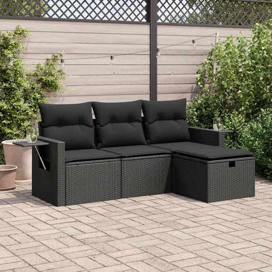 4-tlg. Garten-Sofagarnitur mit Kissen Schwarz Poly Rattan