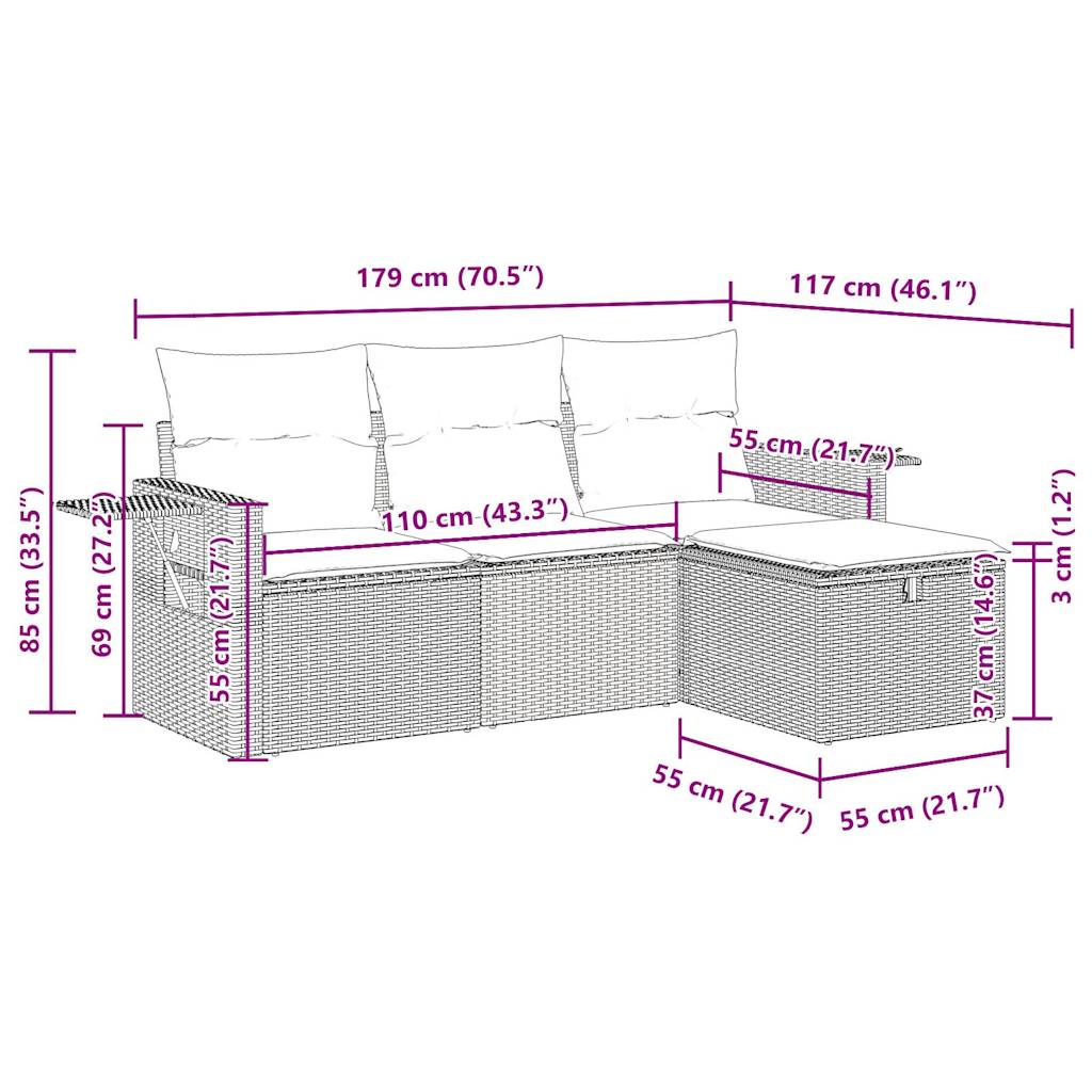 4-tlg. Garten-Sofagarnitur mit Kissen Beige Poly Rattan