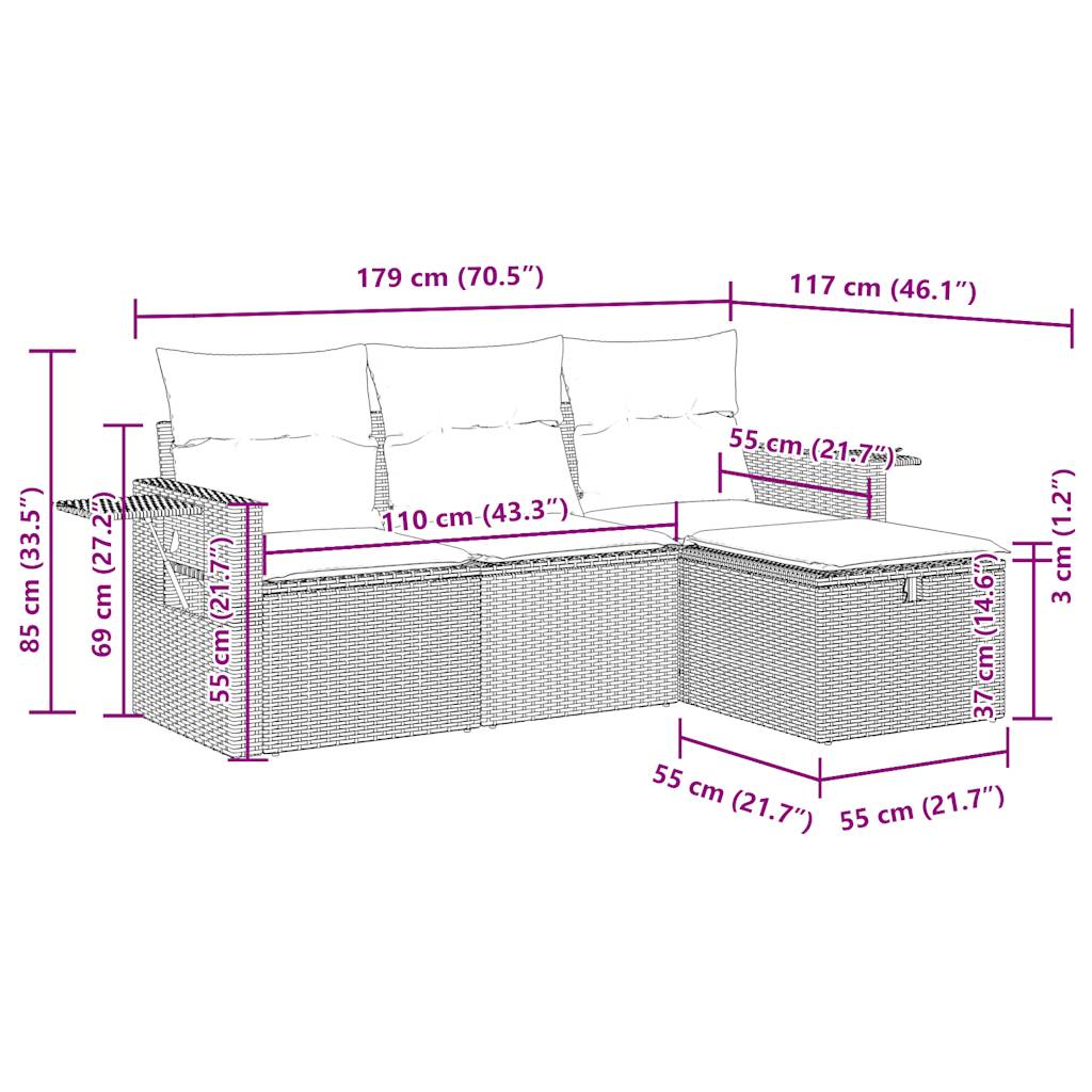 4-tlg. Garten-Sofagarnitur mit Kissen Grau Poly Rattan