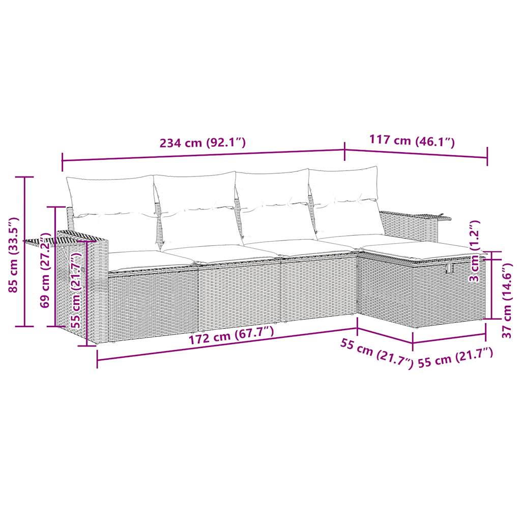 5-tlg. Garten-Sofagarnitur mit Kissen Grau Poly Rattan