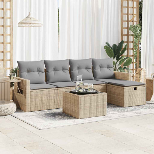 6-tlg. Garten-Sofagarnitur mit Kissen Beige Poly Rattan