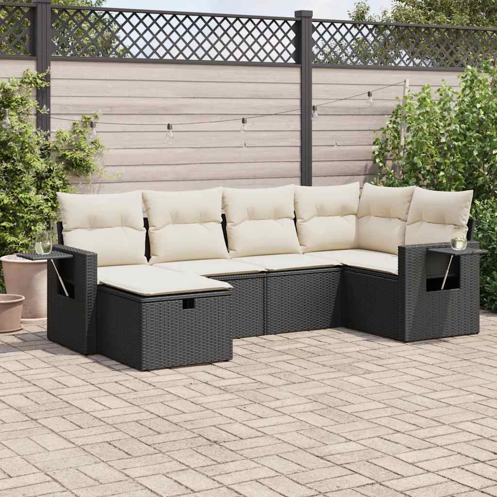 6-tlg. Garten-Sofagarnitur mit Kissen Schwarz Poly Rattan