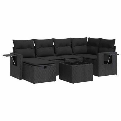 7-tlg. Garten-Sofagarnitur mit Kissen Schwarz Poly Rattan