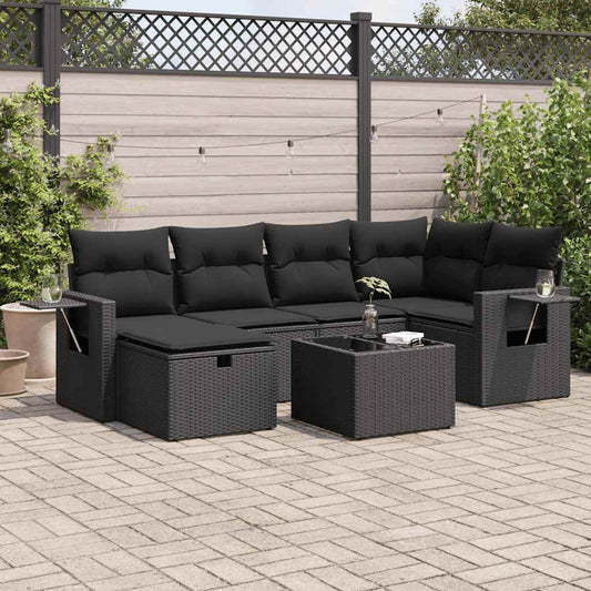 7-tlg. Garten-Sofagarnitur mit Kissen Schwarz Poly Rattan