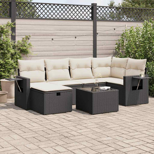 7-tlg. Garten-Sofagarnitur mit Kissen Schwarz Poly Rattan