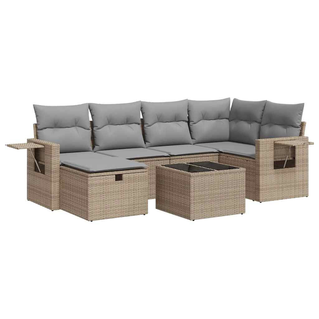 7-tlg. Garten-Sofagarnitur mit Kissen Beige Poly Rattan