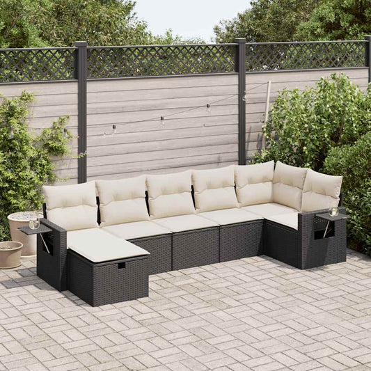 7-tlg. Garten-Sofagarnitur mit Kissen Schwarz Poly Rattan