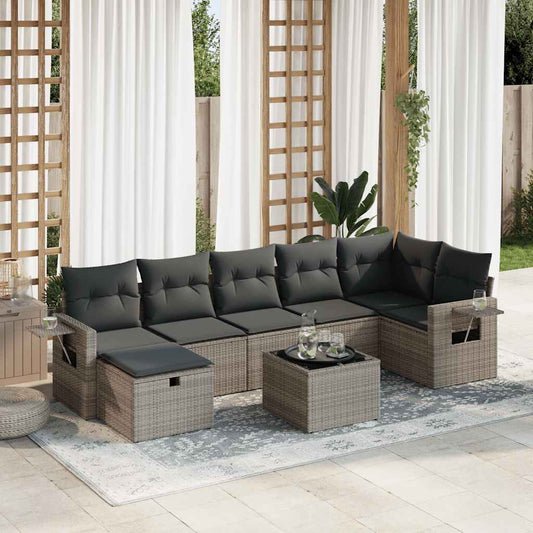 8-tlg. Garten-Sofagarnitur mit Kissen Grau Poly Rattan