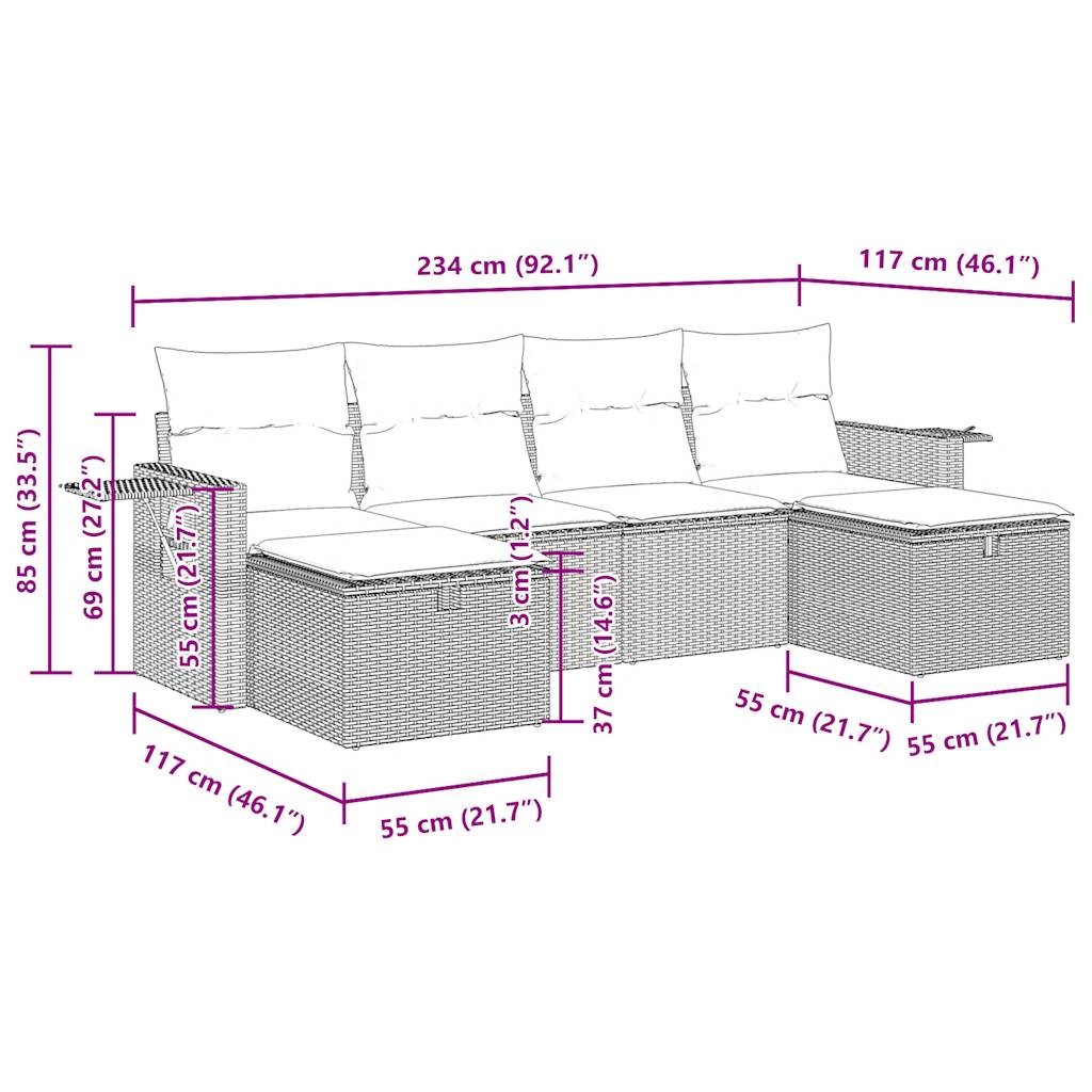 6-tlg. Garten-Sofagarnitur mit Kissen Schwarz Poly Rattan