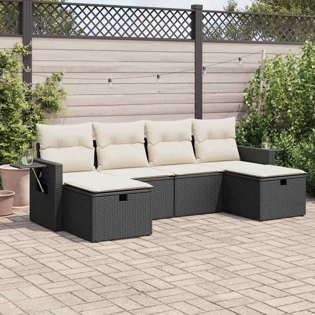 6-tlg. Garten-Sofagarnitur mit Kissen Schwarz Poly Rattan