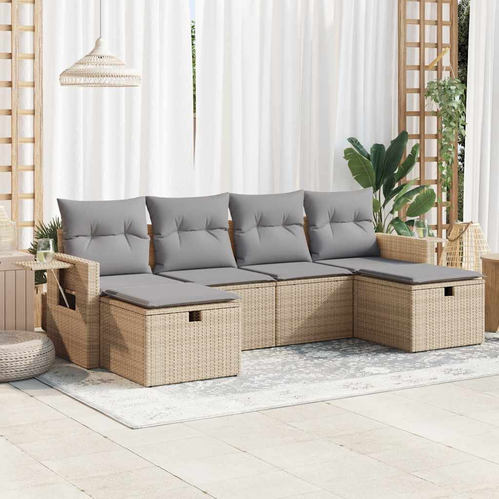 6-tlg. Garten-Sofagarnitur mit Kissen Beige Poly Rattan