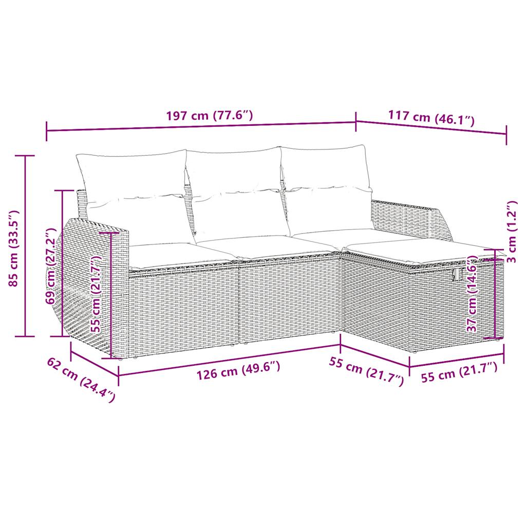 4-tlg. Garten-Sofagarnitur mit Kissen Grau Poly Rattan