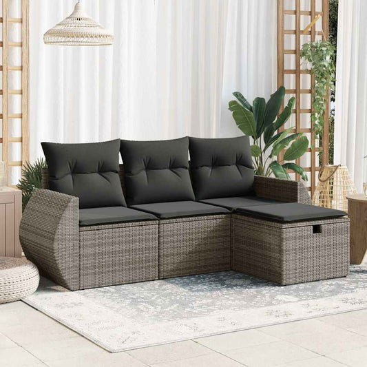 4-tlg. Garten-Sofagarnitur mit Kissen Grau Poly Rattan