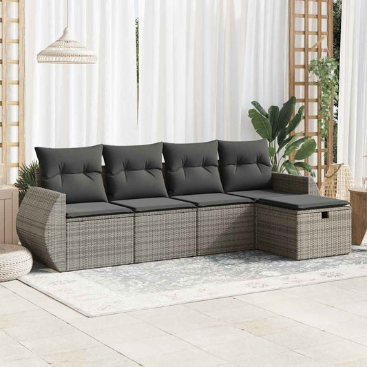 5-tlg. Garten-Sofagarnitur mit Kissen Grau Poly Rattan