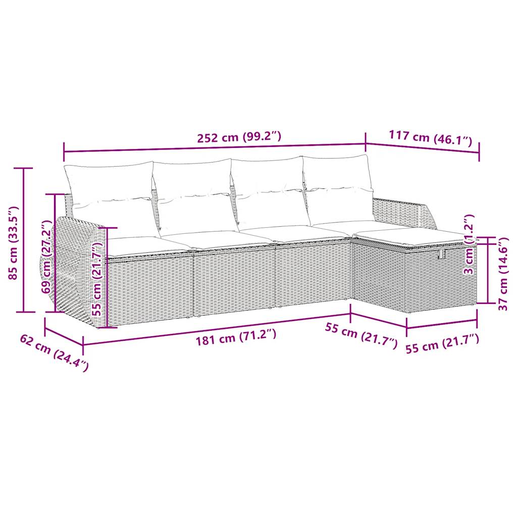 5-tlg. Garten-Sofagarnitur mit Kissen Hellgrau Poly Rattan