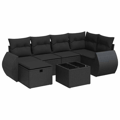 7-tlg. Garten-Sofagarnitur mit Kissen Schwarz Poly Rattan