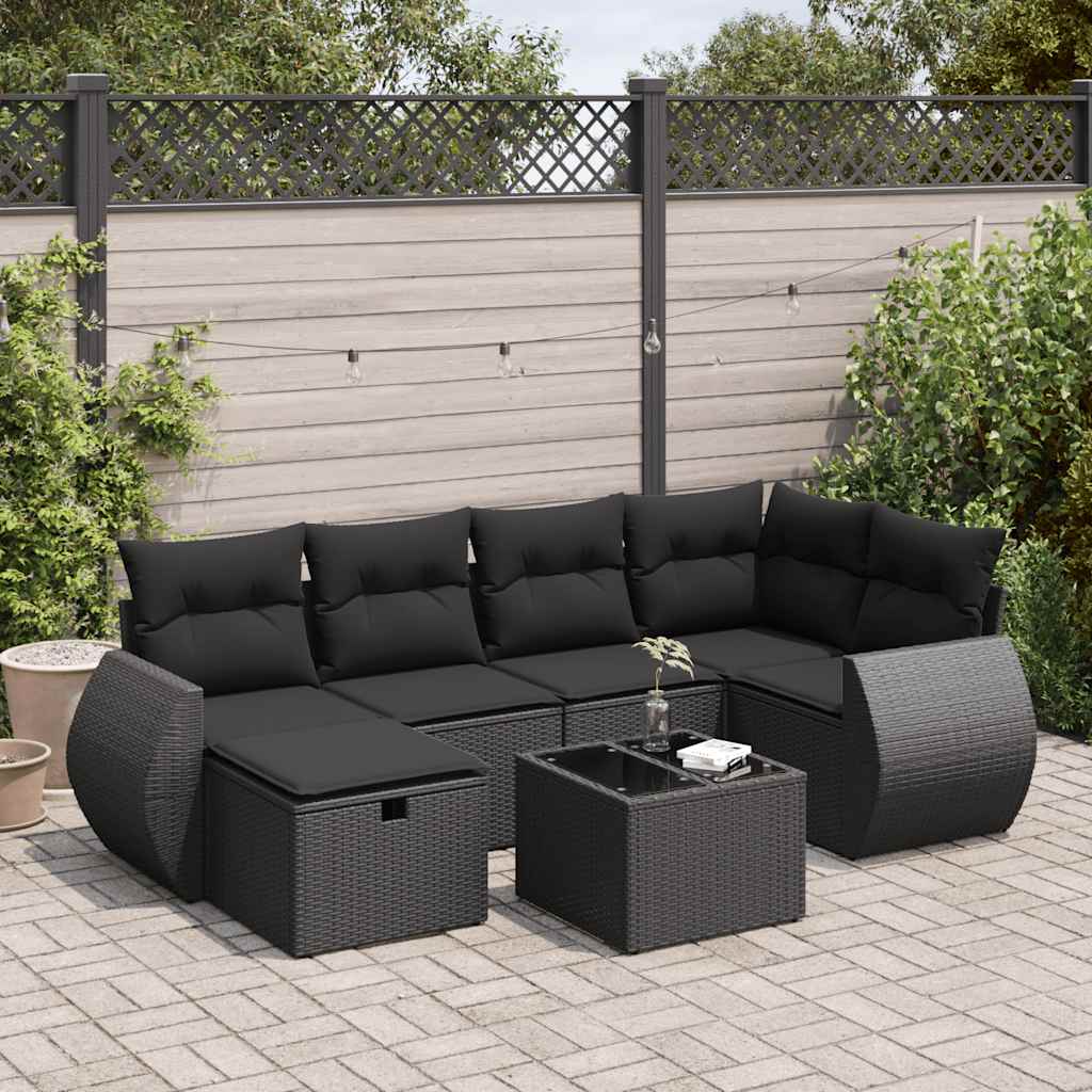 7-tlg. Garten-Sofagarnitur mit Kissen Schwarz Poly Rattan