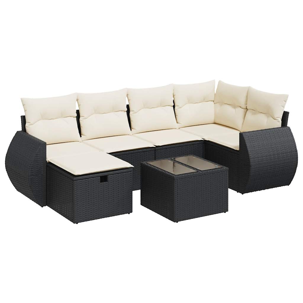 7-tlg. Garten-Sofagarnitur mit Kissen Schwarz Poly Rattan