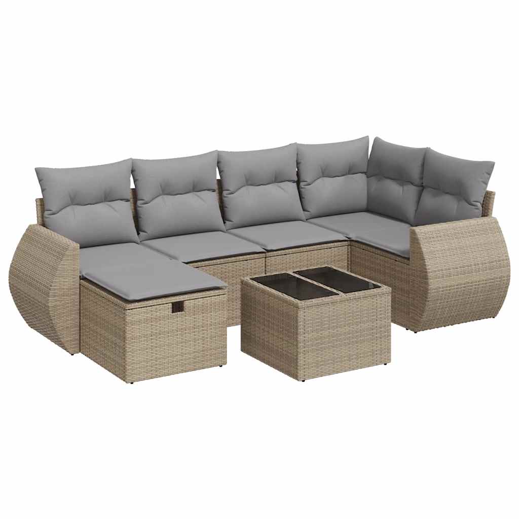 7-tlg. Garten-Sofagarnitur mit Kissen Beige Poly Rattan