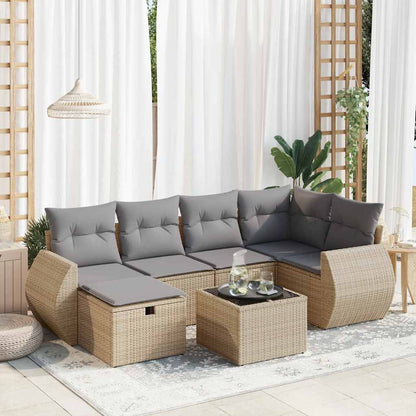 7-tlg. Garten-Sofagarnitur mit Kissen Beige Poly Rattan