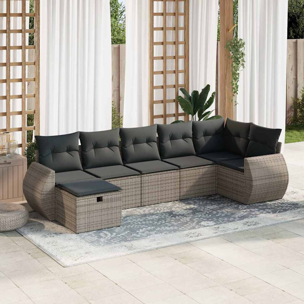 7-tlg. Garten-Sofagarnitur mit Kissen Grau Poly Rattan