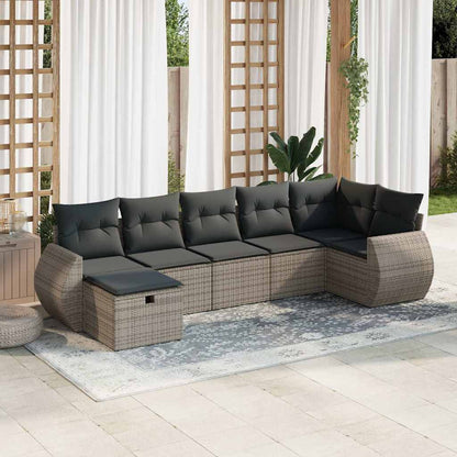 7-tlg. Garten-Sofagarnitur mit Kissen Grau Poly Rattan