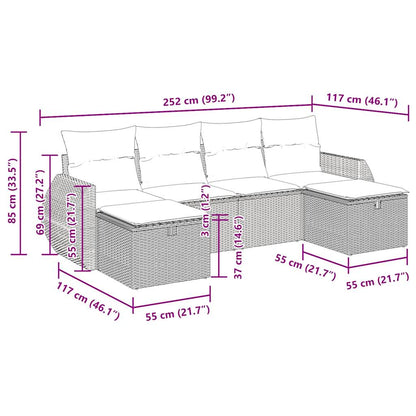 6-tlg. Garten-Sofagarnitur mit Kissen Hellgrau Poly Rattan