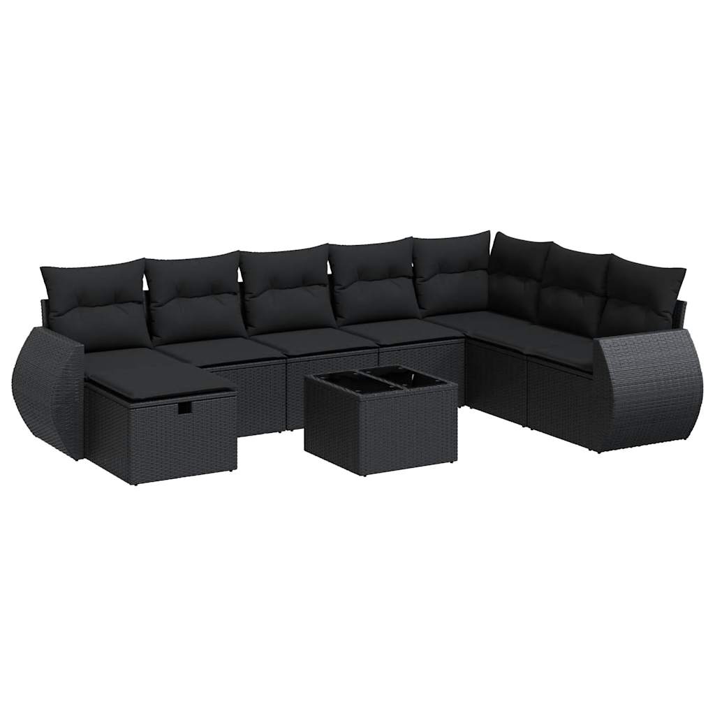 9-tlg. Garten-Sofagarnitur mit Kissen Schwarz Poly Rattan