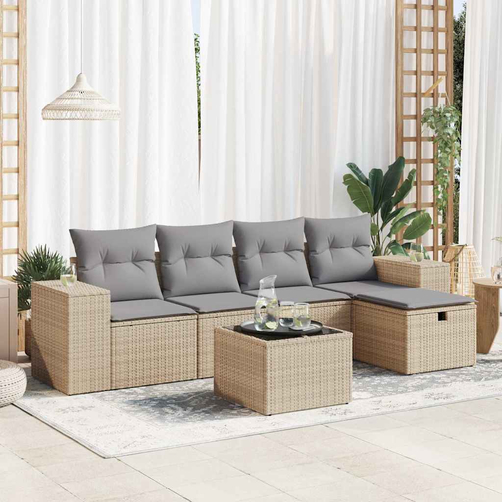 6-tlg. Garten-Sofagarnitur mit Kissen Beige Poly Rattan