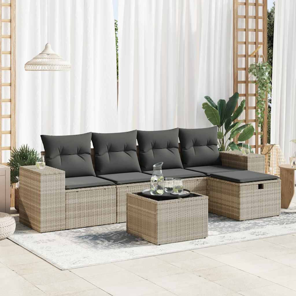 6-tlg. Garten-Sofagarnitur mit Kissen Hellgrau Poly Rattan