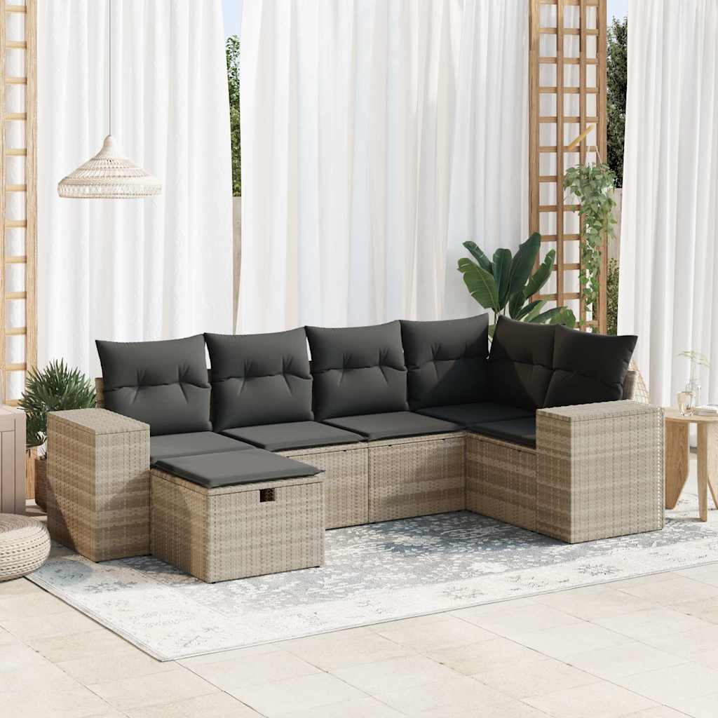 6-tlg. Garten-Sofagarnitur mit Kissen Hellgrau Poly Rattan