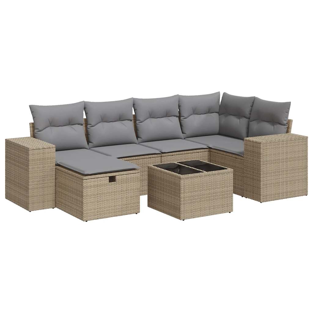 7-tlg. Garten-Sofagarnitur mit Kissen Beige Poly Rattan