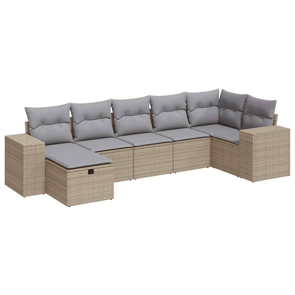 7-tlg. Garten-Sofagarnitur mit Kissen Beige Poly Rattan