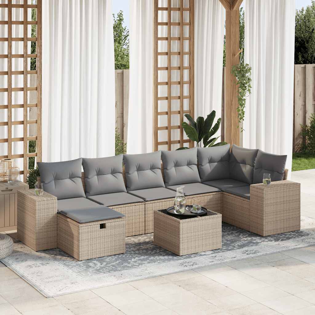 8-tlg. Garten-Sofagarnitur mit Kissen Beige Poly Rattan