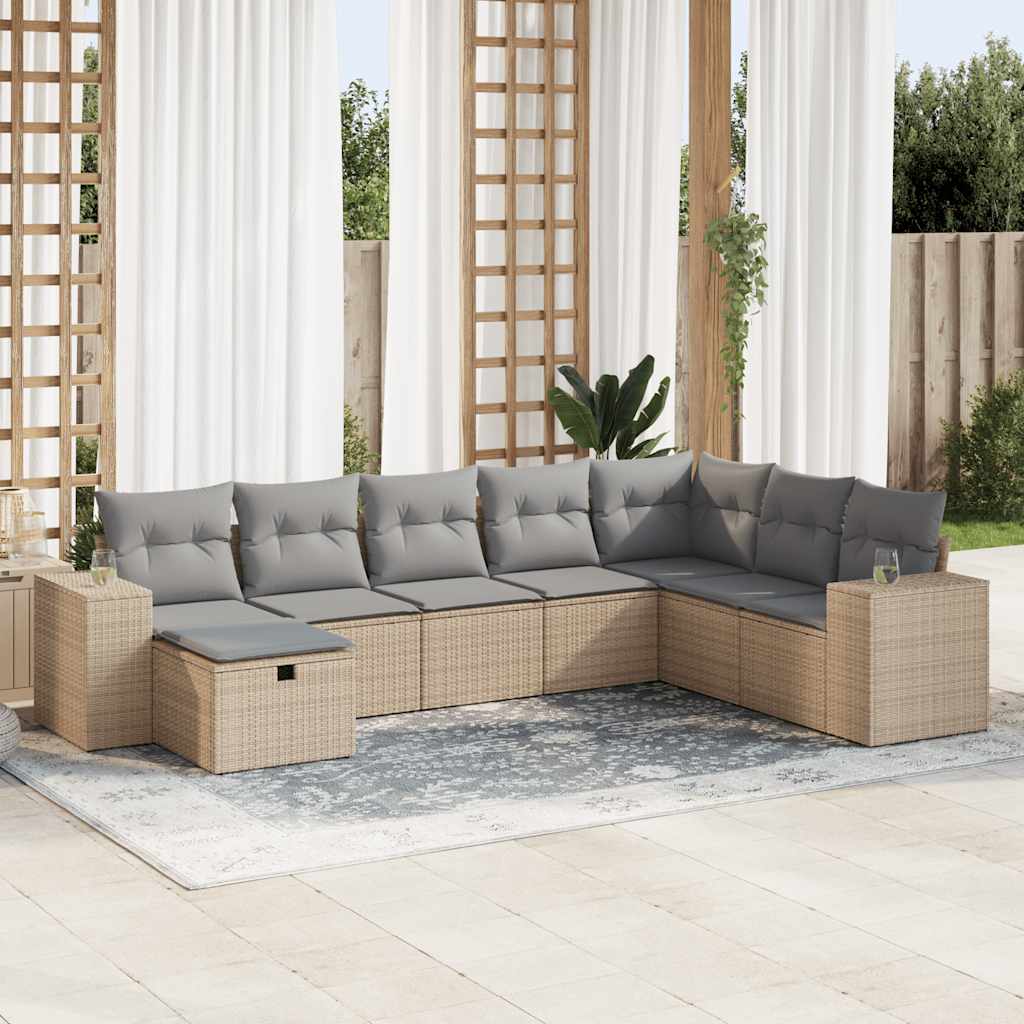 8-tlg. Garten-Sofagarnitur mit Kissen Beige Poly Rattan