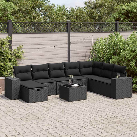 9-tlg. Garten-Sofagarnitur mit Kissen Schwarz Poly Rattan