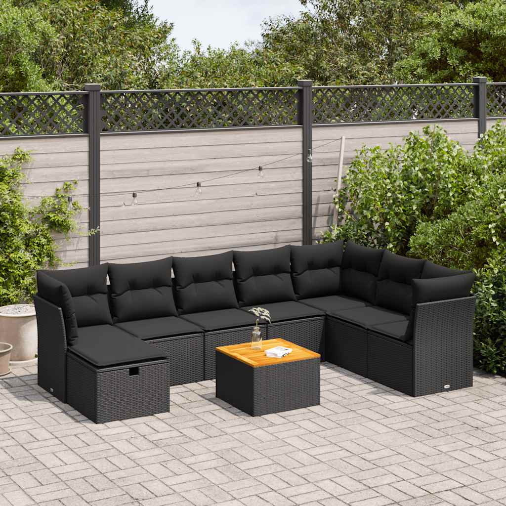 9-tlg. Garten-Sofagarnitur mit Kissen Schwarz Poly Rattan