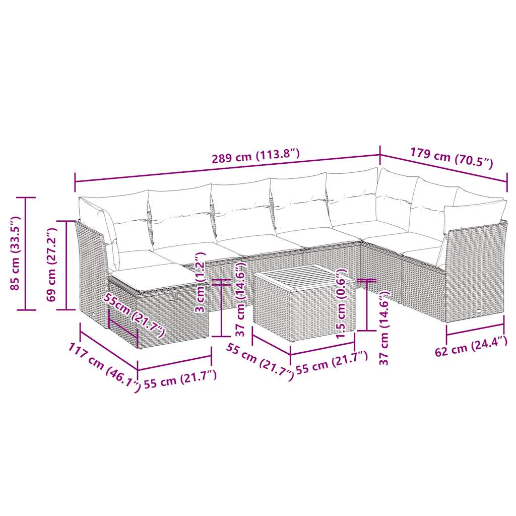 9-tlg. Garten-Sofagarnitur mit Kissen Grau Poly Rattan