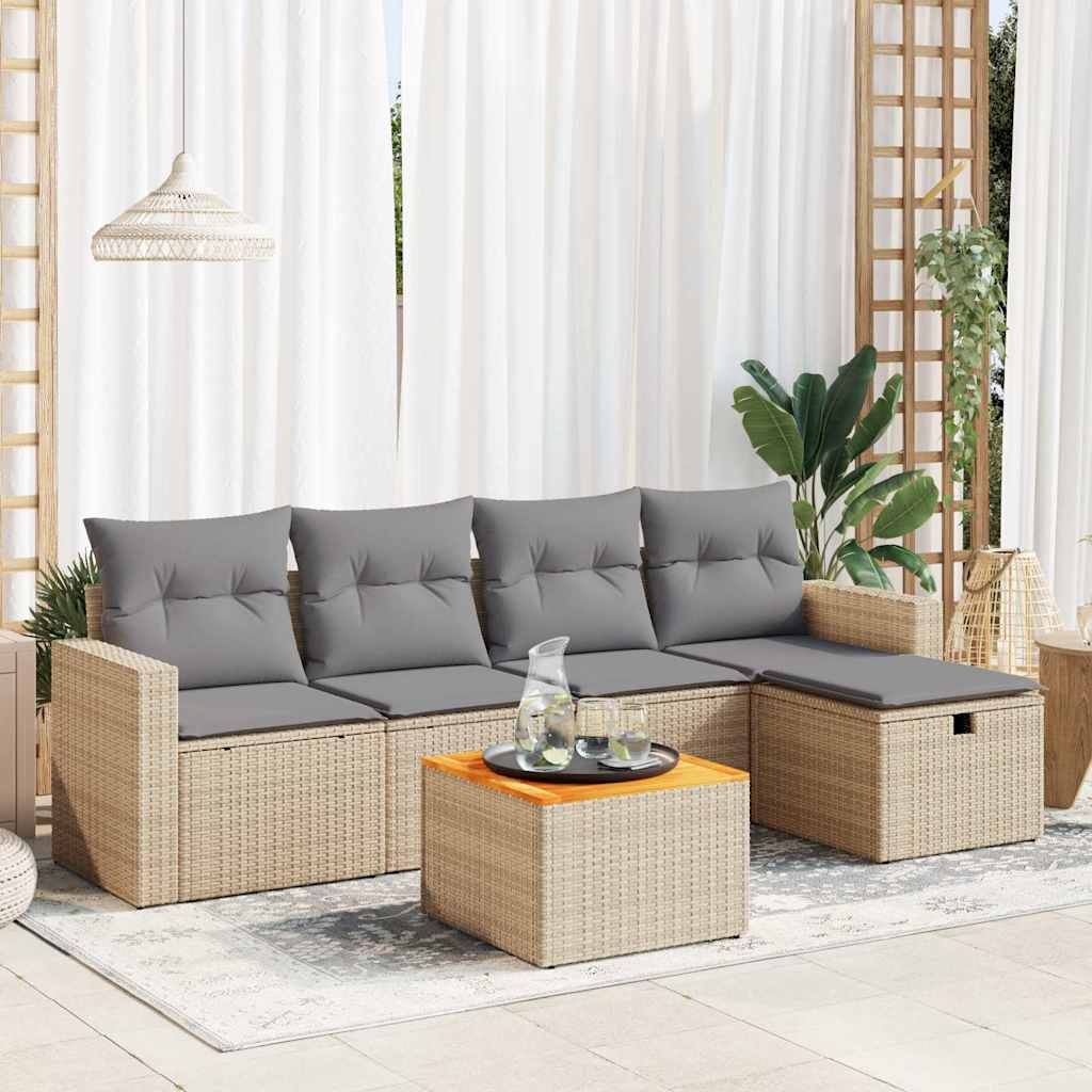 6-tlg. Garten-Sofagarnitur mit Kissen Beige Poly Rattan