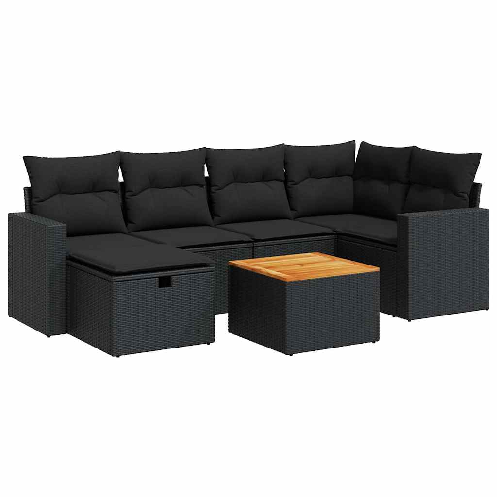 7-tlg. Garten-Sofagarnitur mit Kissen Schwarz Poly Rattan